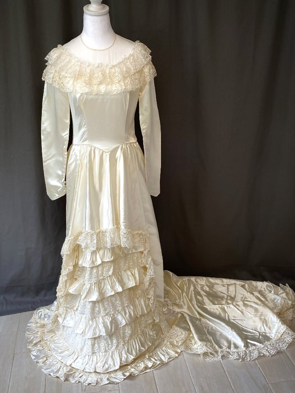 1970s Victorian Revival Wedding Dress Satin and Lace